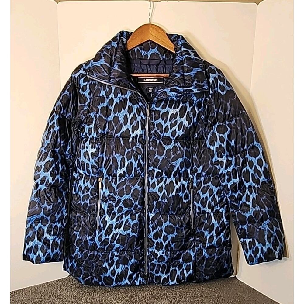 Lands End Down Blue Puffer Jacket Cheetah Print Women XS New With Tags